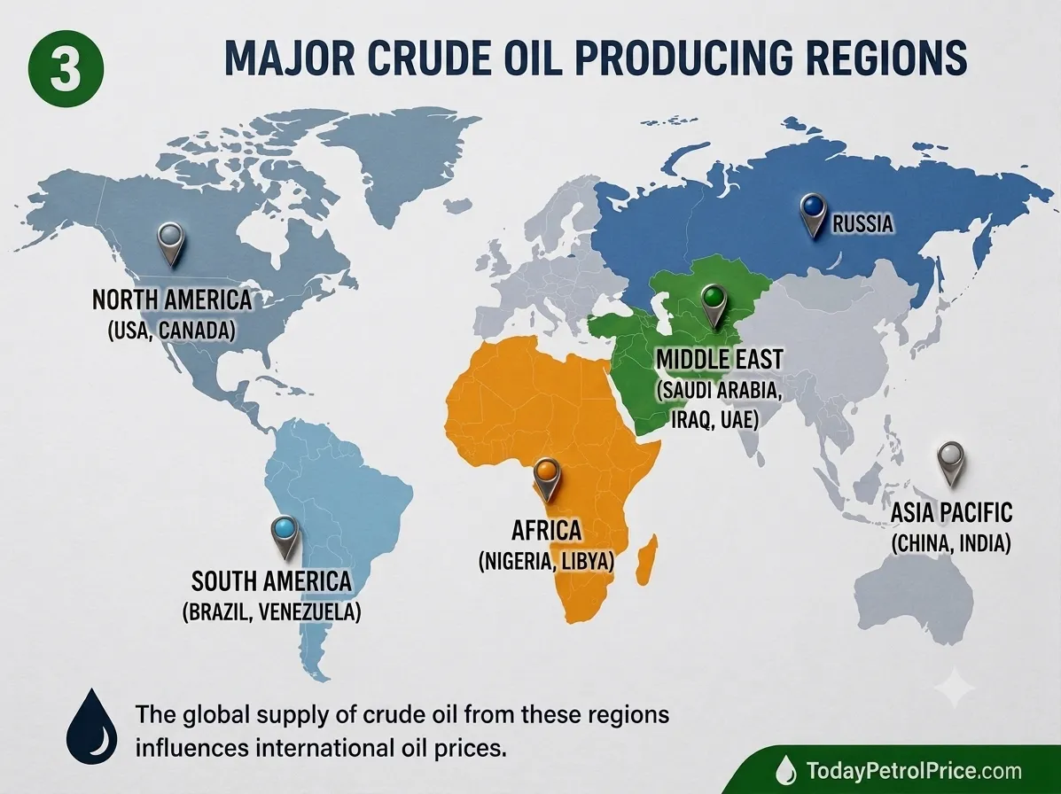 World map highlighting major crude oil producing regions: North America, South America, Africa, Middle East, Russia, and Asia Pacific.