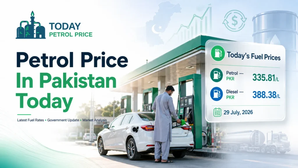 Man refueling white car at station with Pakistan petrol prices: Petrol PKR 335.81/L, Diesel PKR 388.38/L on 29 July 2026. latest petrol price in pakistan