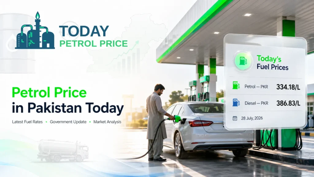 Man refueling car at gas station with today's petrol price in Pakistan: Petrol 334.18 PKR/L, Diesel 386.83 PKR/L on 28 July 2026. latest petrol price in pakistan