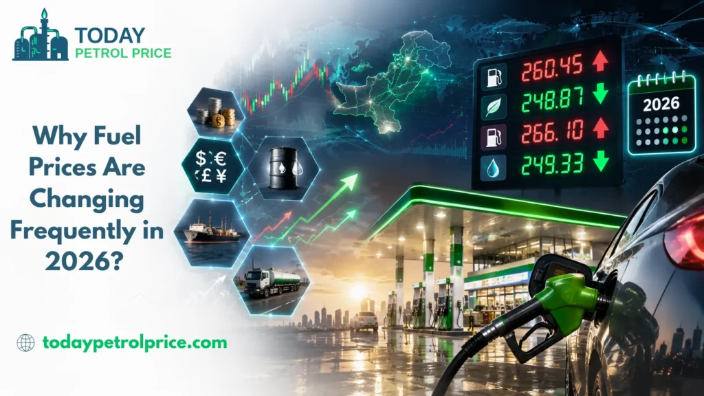Fuel price factors in 2026 including currency, oil barrels, shipping, and delivery trucks, with a gas station and price board shown.