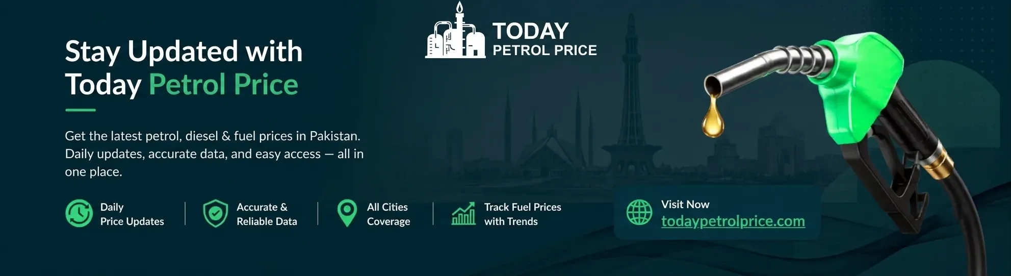 Promotional banner for Today Petrol Price website showing a green fuel nozzle, icons, and information about tracking petrol prices in Pakistan. About Us Advertise Contact Us Diesel Blog Petrol Privacy Policy Terms and Conditions