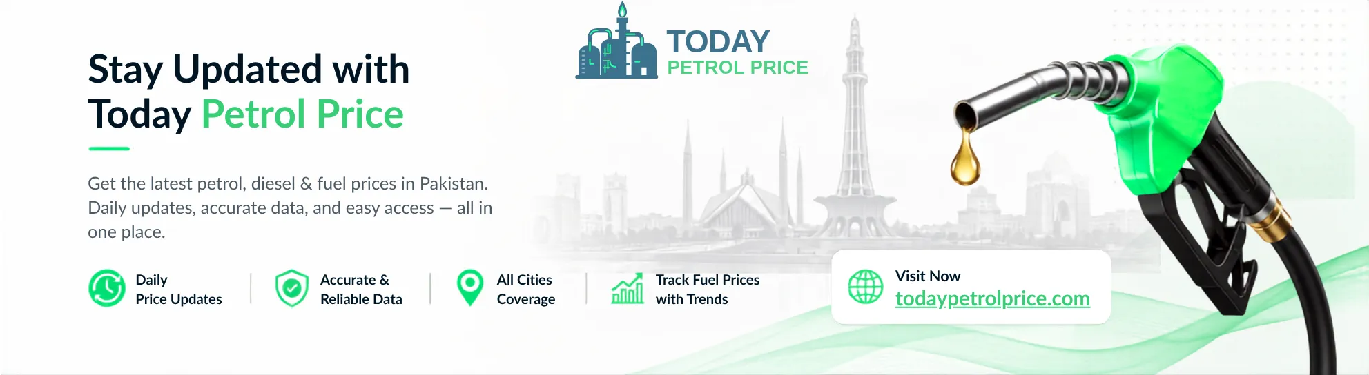 Promotional banner for Today Petrol Price website showing a green fuel nozzle, icons, and information about tracking petrol prices in Pakistan.