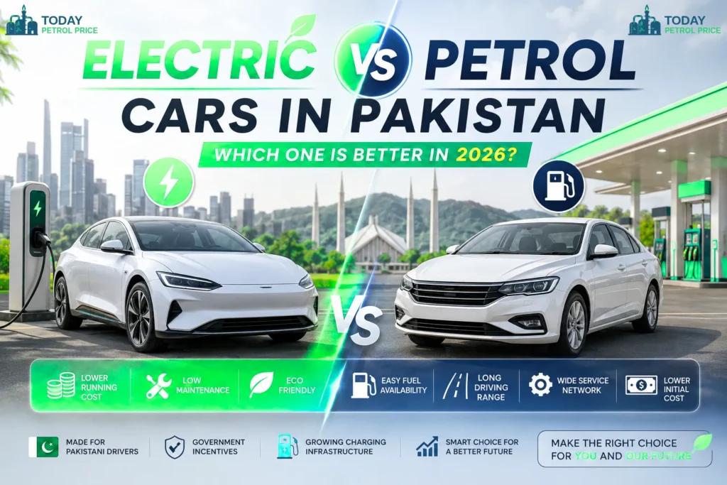 Infographic compares electric vs petrol cars in Pakistan in 2026: a white EV at a charger versus a white sedan at a fuel station.