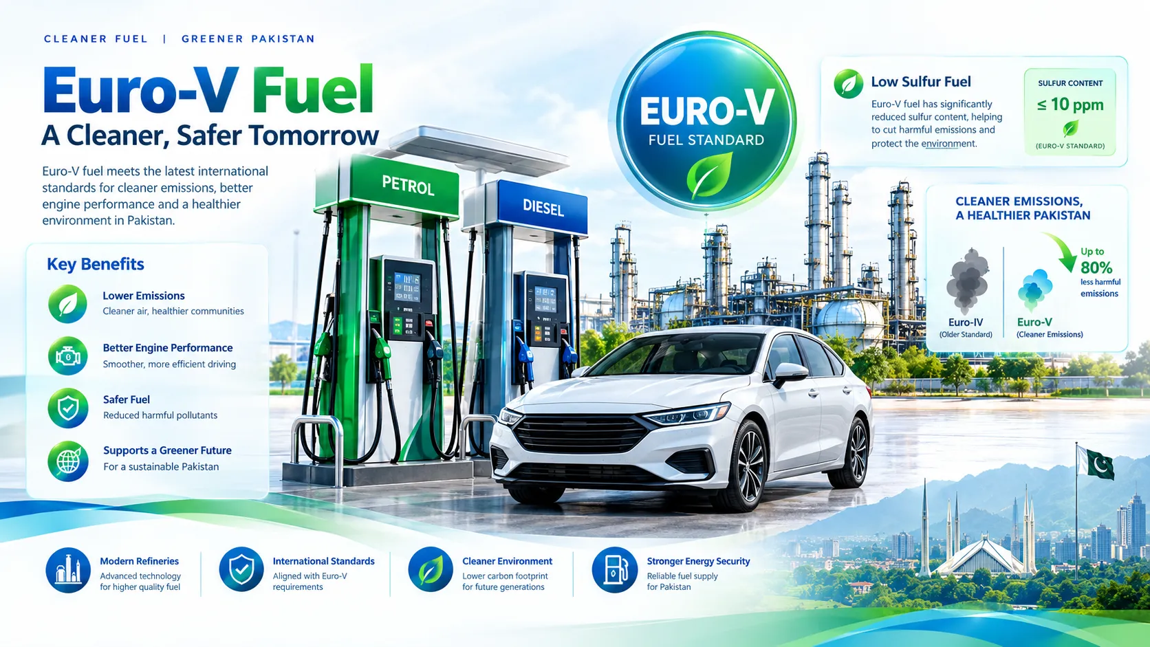 Euro V fuel ad showcasing petrol and diesel pumps, a white car, refinery, and benefits like lower emissions, better performance, and safer fuel in Pakistan.