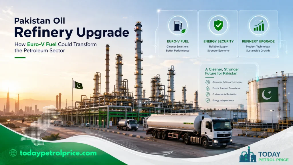 Oil Refinery Upgrade in Pakistan with trucks and Pakistan flags, highlighting EuroV fuel benefits, energy security, and refinery upgrades for a cleaner future.