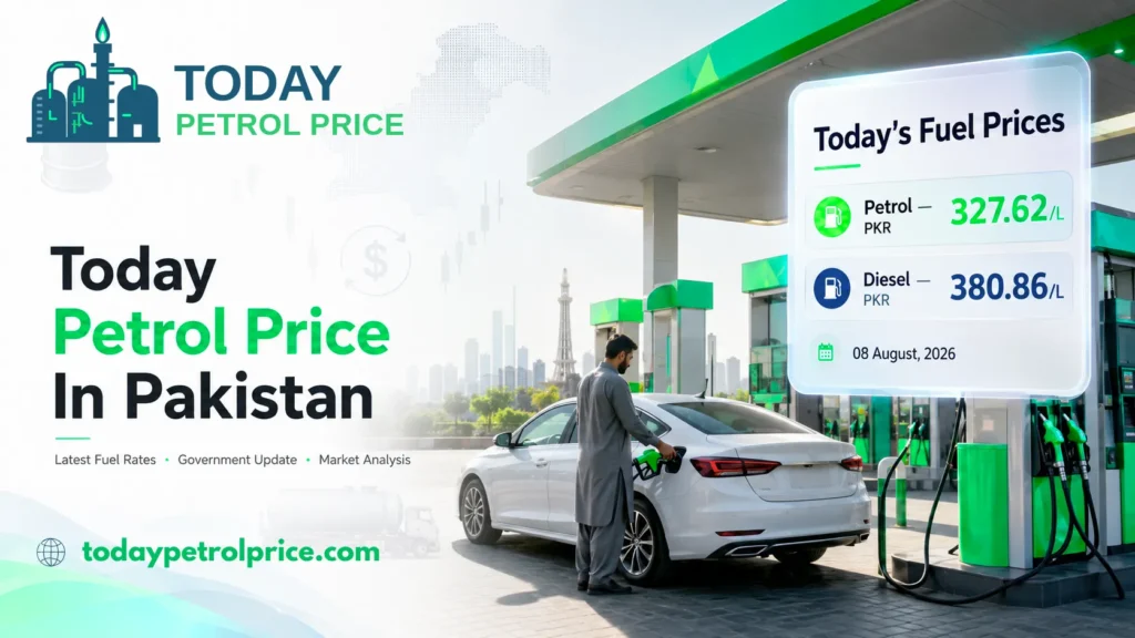 Man refueling white car at station with Pakistan petrol prices: Petrol PKR 327.62/L, Diesel PKR 380.86/L on 08 august 2026. latest today petrol price in pakistan