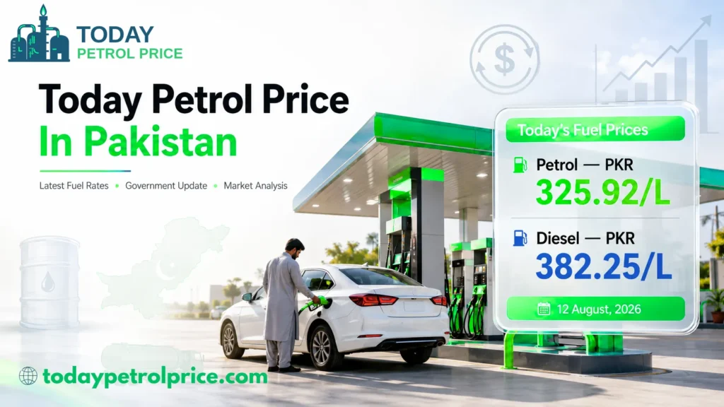 Petrol and diesel prices in Pakistan on August 12, 2026: Petrol PKR 325.92/L, Diesel PKR 382.25/L at a green fuel station. latest today petrol price in pakistan