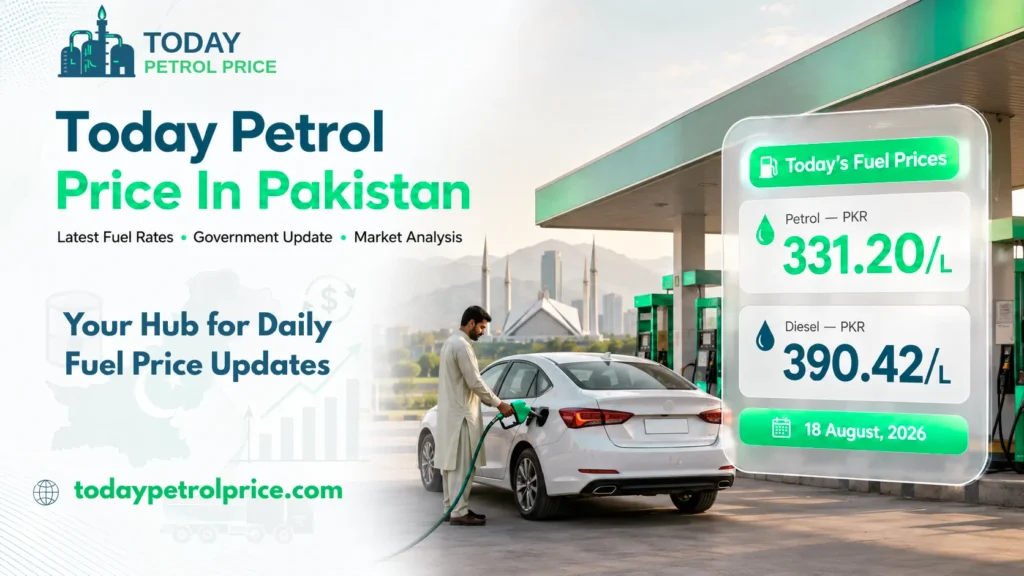 Petrol and diesel prices in Pakistan on August 18, 2026: Petrol PKR 331.20/L, Diesel PKR 390.42/L at a green fuel station. latest today petrol price in pakistan