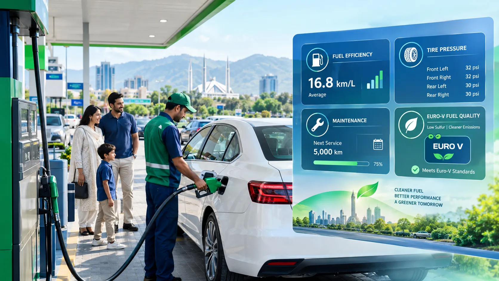 Attendant refuels a white car at gas station; family watches; overlay shows fuel efficiency, tire pressure, maintenance, and eco-friendly fuel info.
