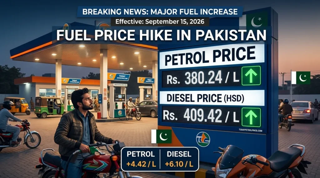 Current Petrol Price in Pakistan effective September 15, 2026: Petrol Rs. 380.24/L, Diesel Rs. 409.42/L, with upward price arrows shown.
