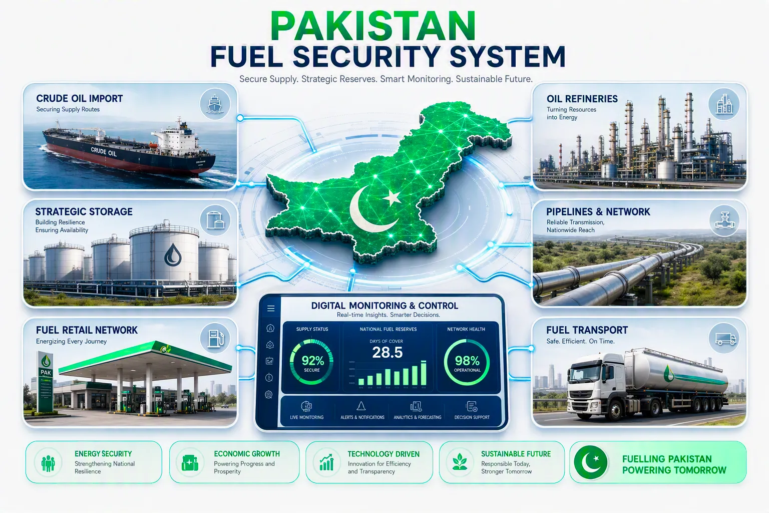 Map of Pakistan with fuel security components: crude oil import, oil refineries, strategic storage, pipelines, retail network, transport, and digital monitoring.