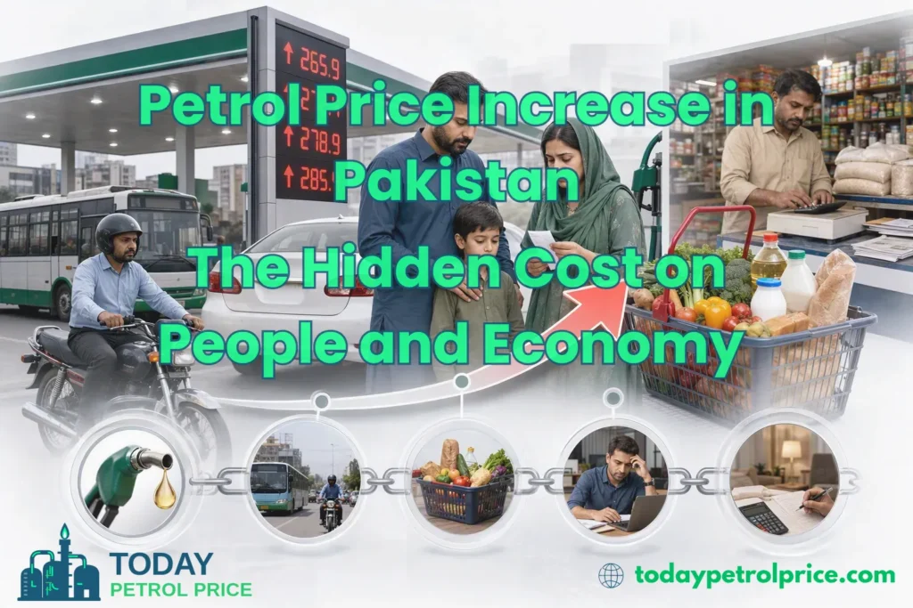 Text overlay on images of a family, motorcyclist, grocery shopping, and business man highlights petrol price increase in pakistan and its fuel price impact.