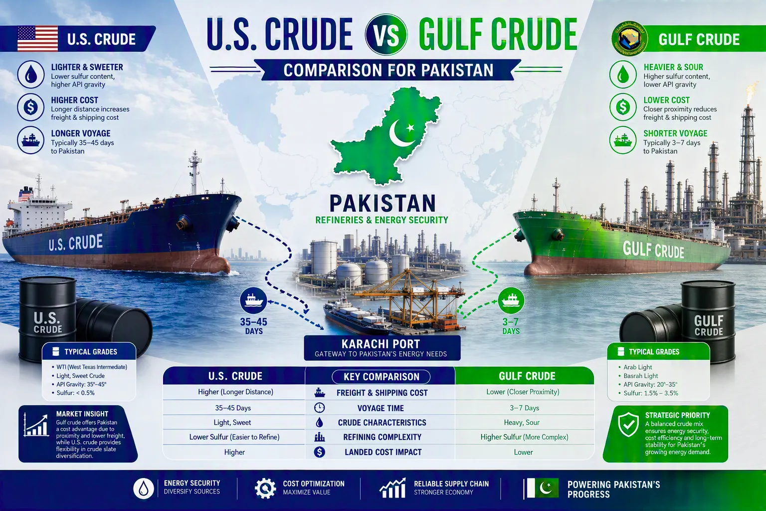 Infographic comparing U.S. Crude and Gulf Crude for Pakistan, highlighting cost, voyage time, sulfur content, and refining complexity.