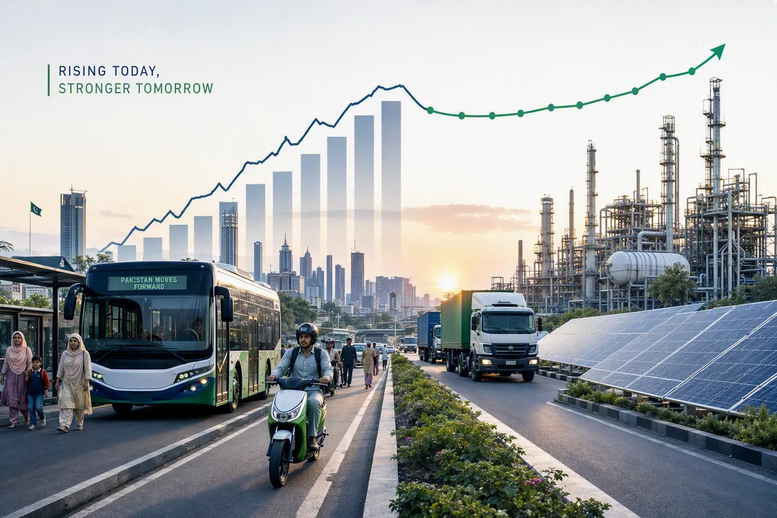 Busy urban street with public transport, motorcycles, trucks, solar panels, industrial plants, and an overlaid growth graph showing rising progress.