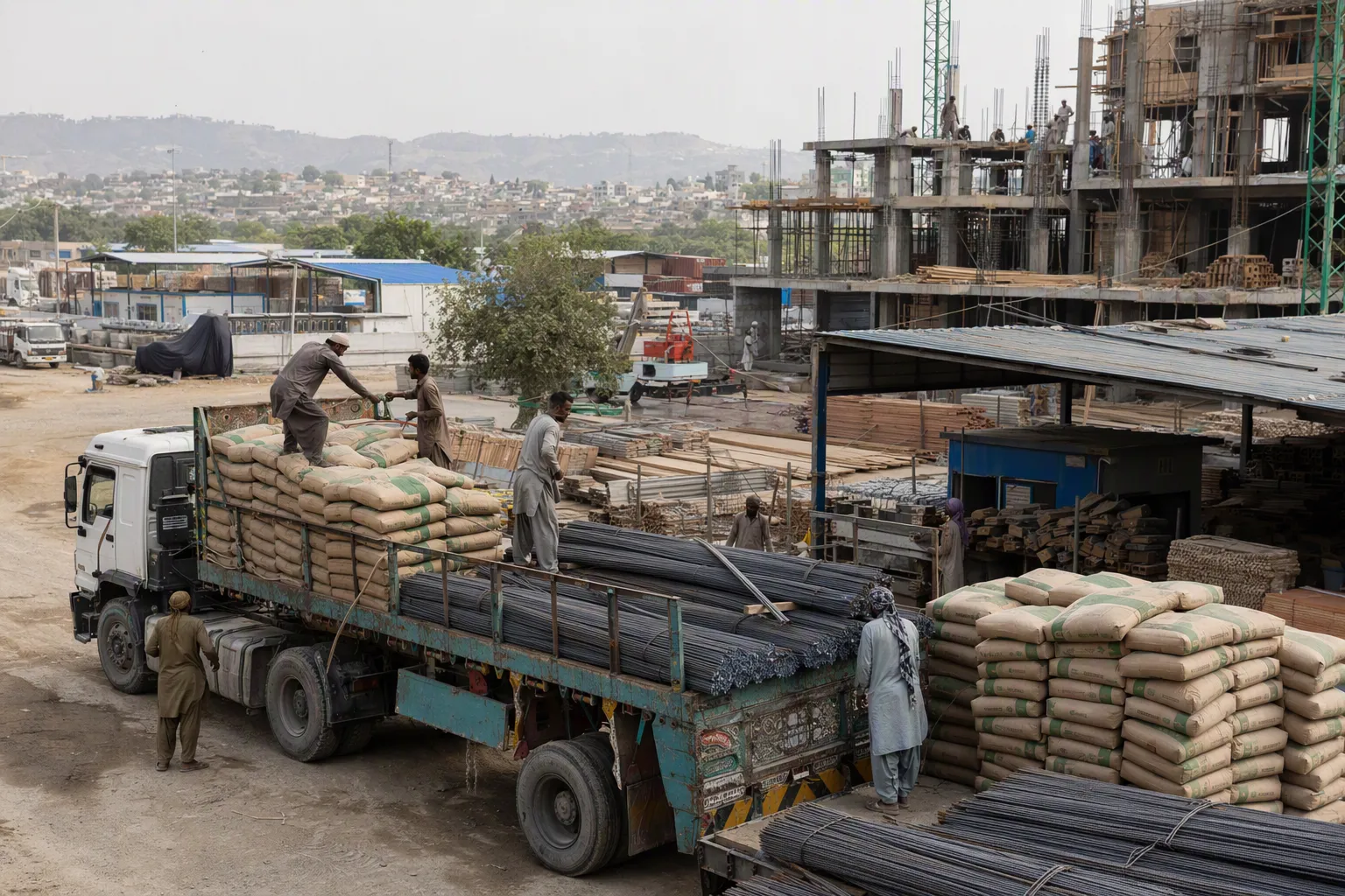 Workers load cement sacks and steel rods onto a truck at a busy construction site, with an unfinished building and hillside city in the background.