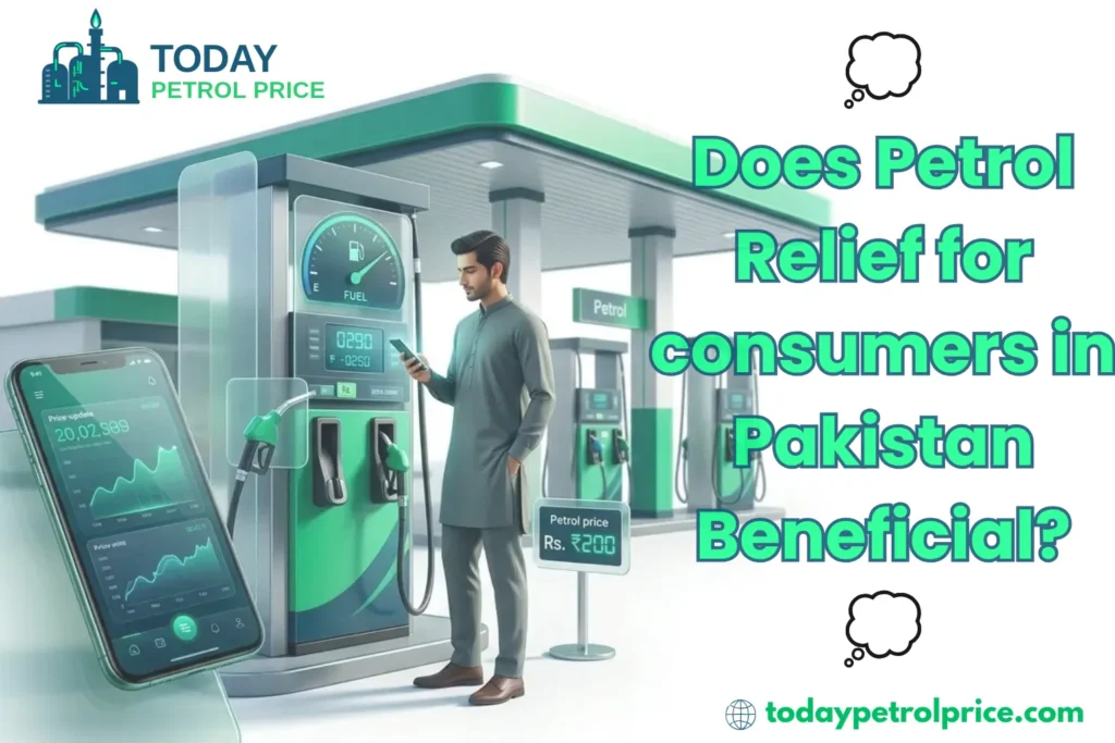 Illustration of a man at a petrol station beside a fuel-price app, asking whether petrol relief benefits Pakistani consumers.