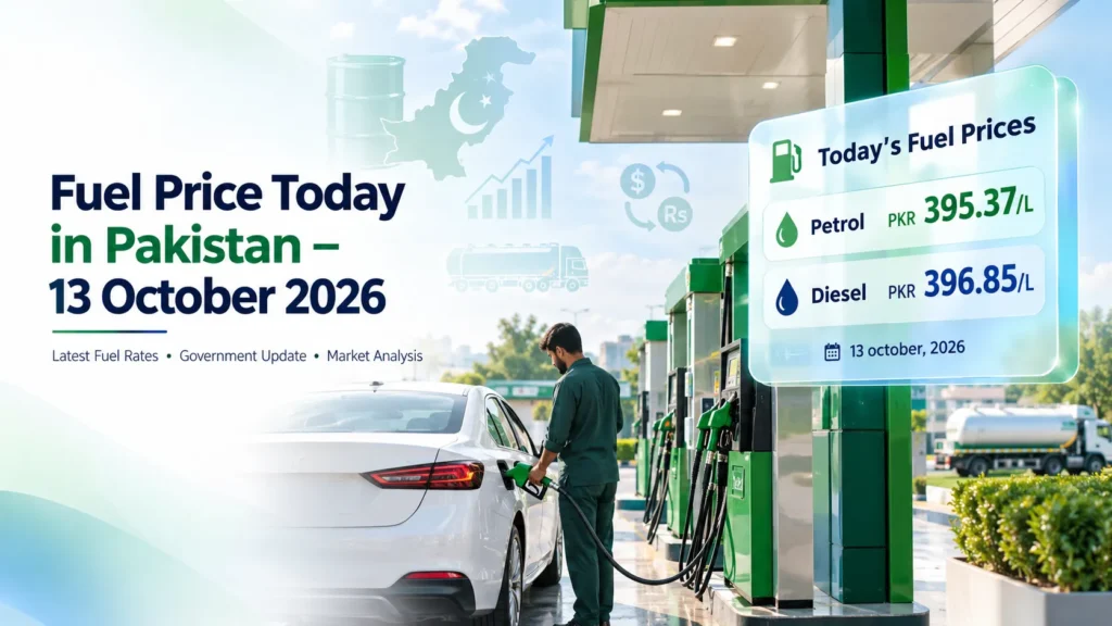 Graphic announcing Pakistans fuel price today for 13 October 2026: petrol PKR 395.37/L and diesel PKR 396.85/L, beside a gas station.