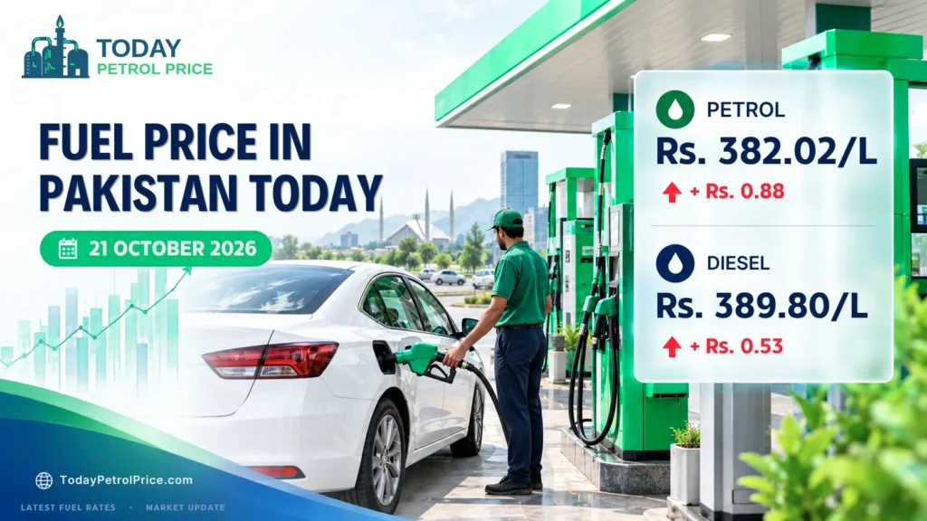 Graphic showing Pakistan’s October 21, 2026 fuel price in pakistan today : petrol Rs. 382.02/L and diesel Rs. 389.80/L.