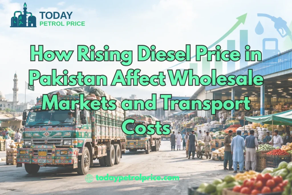 Graphic about how rising diesel price in Pakistan affect wholesale markets and transport costs, featuring decorated trucks and a busy market.