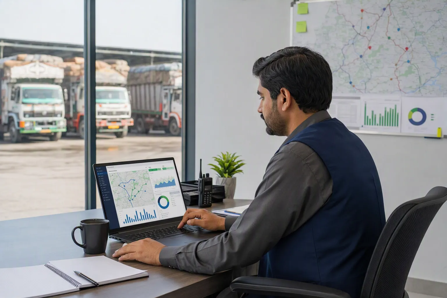 Logistics manager reviews delivery routes and performance charts on a laptop in an office overlooking trucks.
