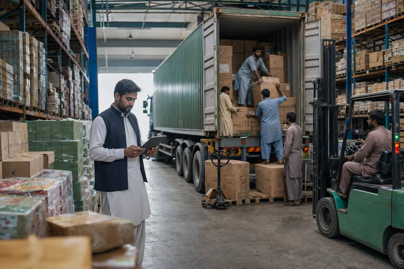 Warehouse workers load boxes into a truck while a supervisor checks a tablet beside a forklift.